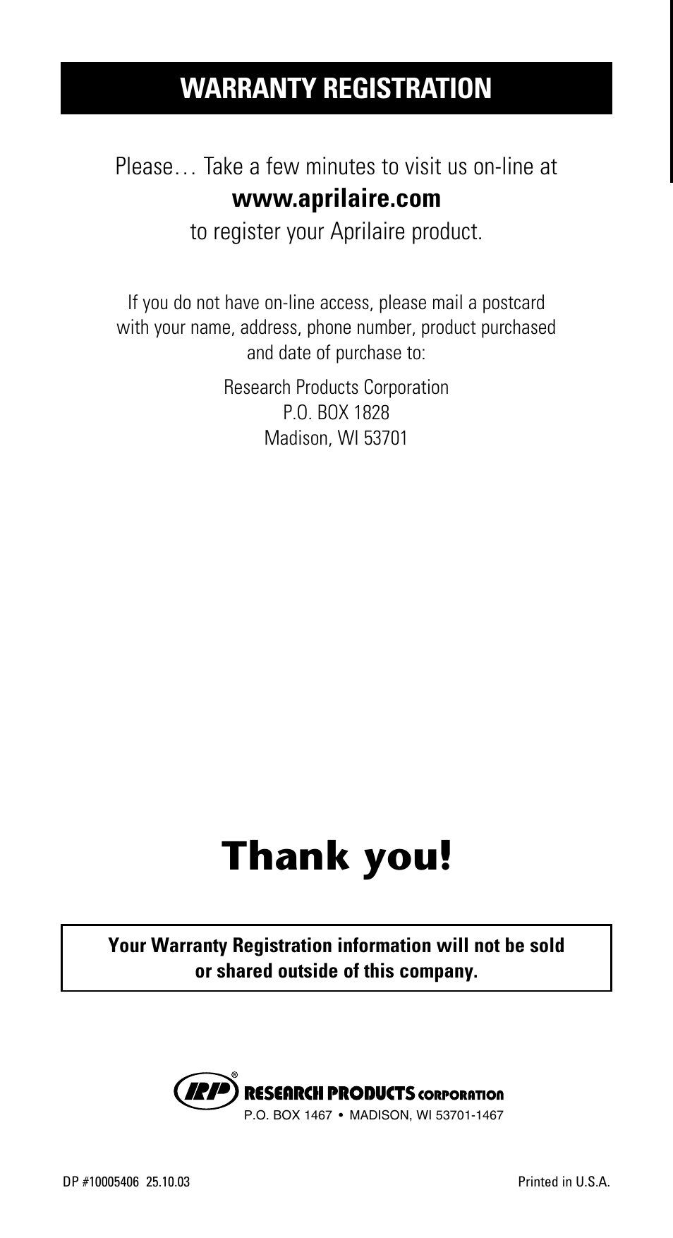 Warranty registration, Please… take a few minutes to visit us on-line at | Aprilaire 600 User Manual | Page 20 / 20