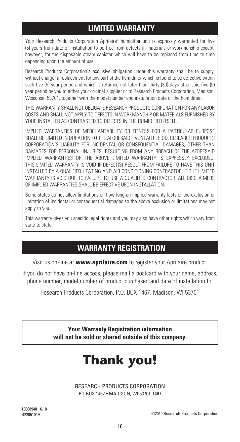 Warranty registration, Limited warranty | Aprilaire 800 User Manual | Page 9 / 9