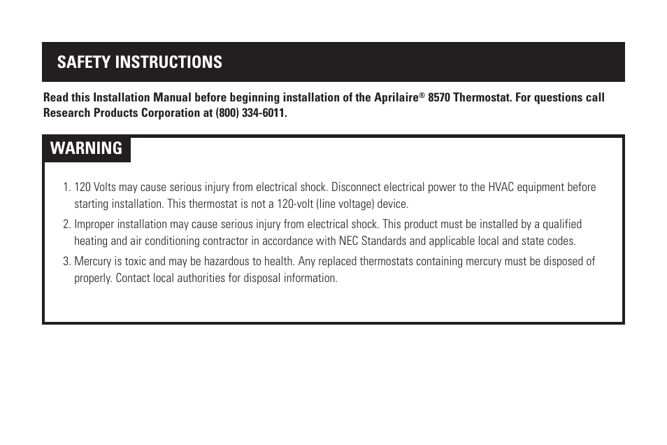 Warning, Safety instructions | Aprilaire Model 8570 User Manual | Page 4 / 40