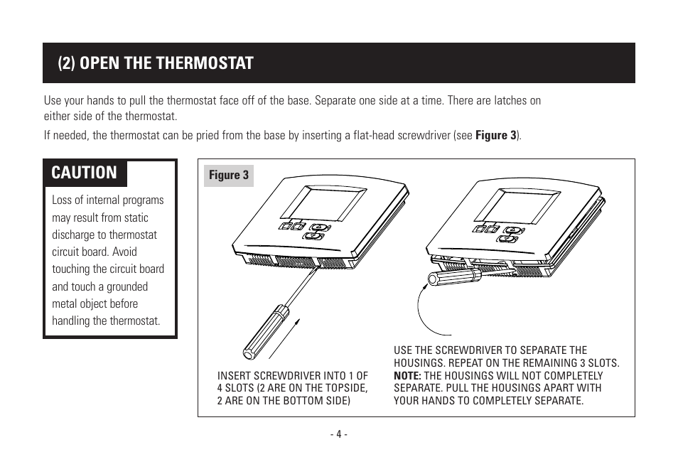 2) open the thermostat, Caution | Aprilaire Model 8570 User Manual | Page 8 / 40
