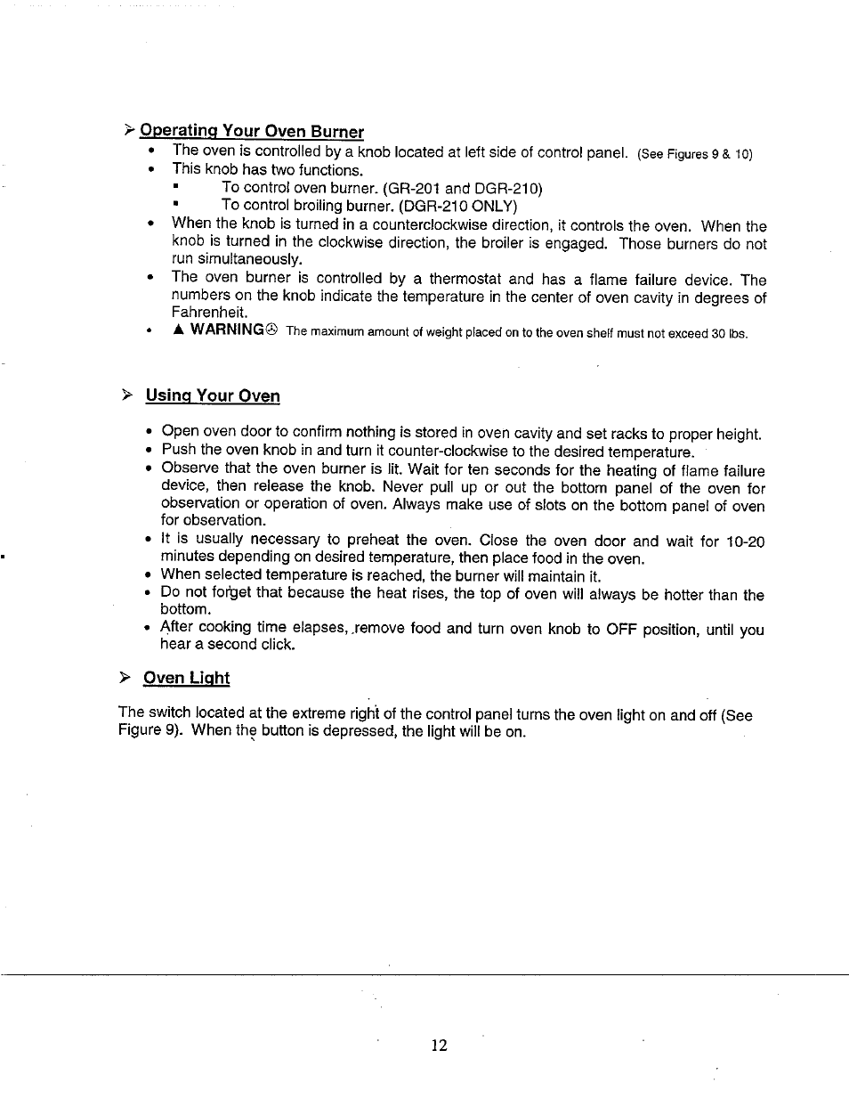 Operating your oven burner, Using your oven, Oven light | Avanti DGR-210 User Manual | Page 12 / 19