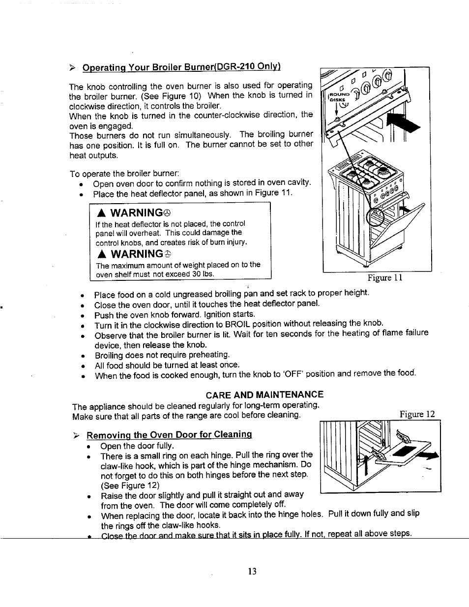 Operating your broiler burneridgr-210 only), Care and maintenance, Removing the oven door for cleaning | A warning | Avanti DGR-210 User Manual | Page 13 / 19