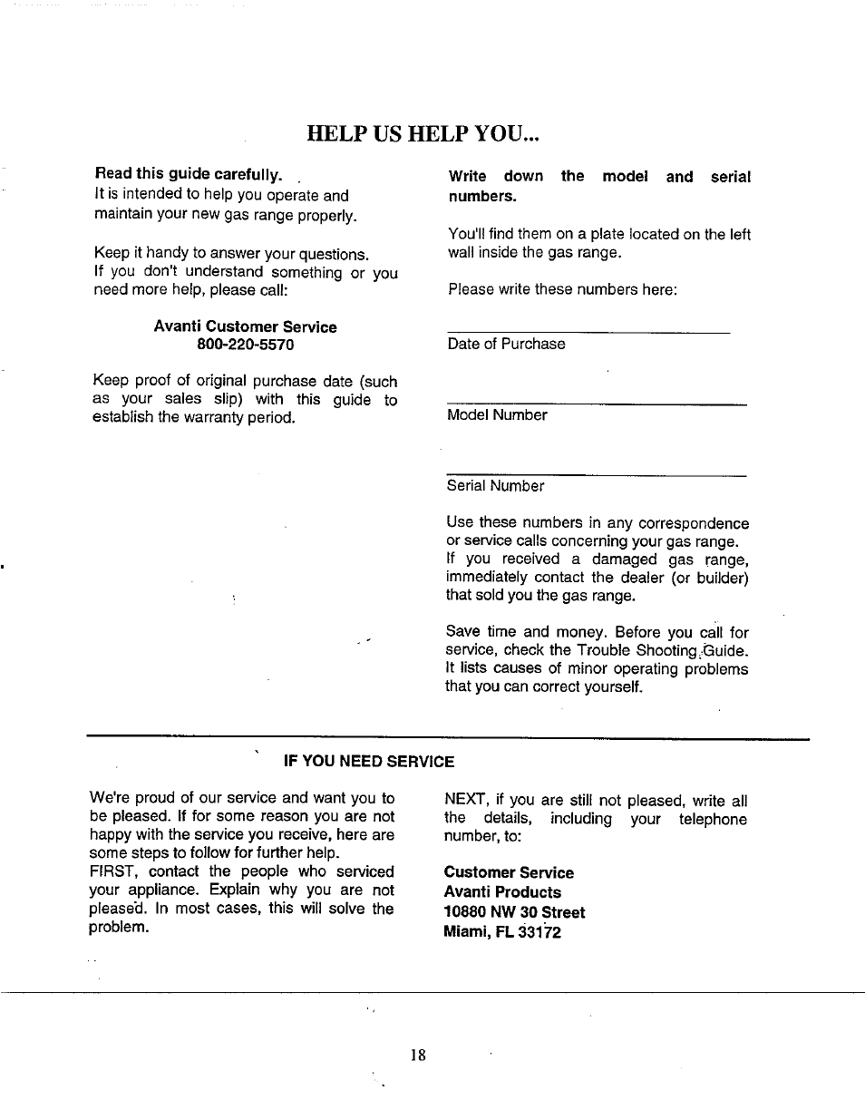 Read this guide carefully, Avanti customer service 800-220-5570, Write down the model and serial numbers | If you need service, Help us help you | Avanti DGR-210 User Manual | Page 18 / 19