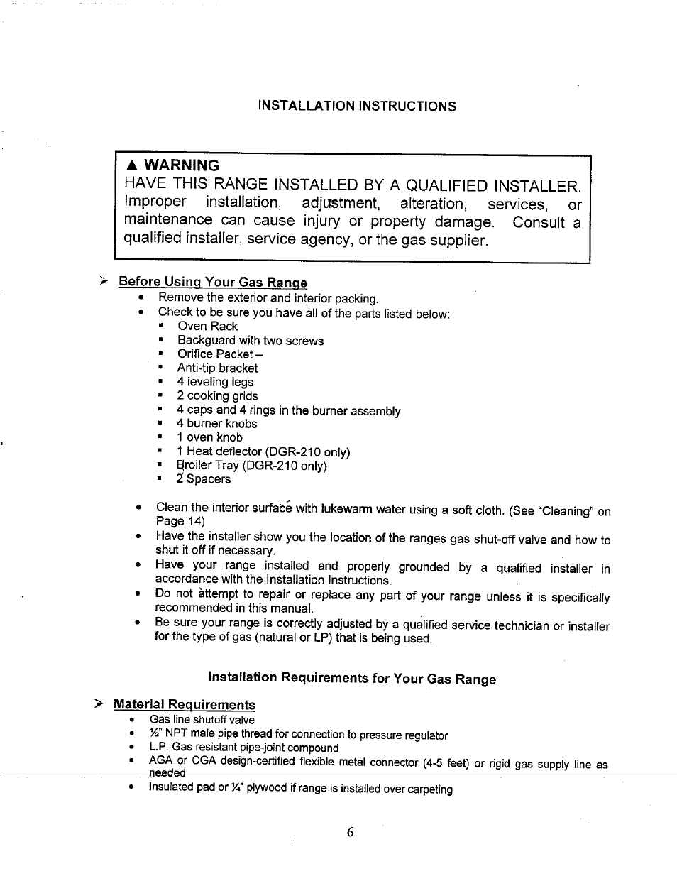 A warning, Before using your gas range, Installation requirements for your gas range | Material requirements, Warning | Avanti DGR-210 User Manual | Page 6 / 19