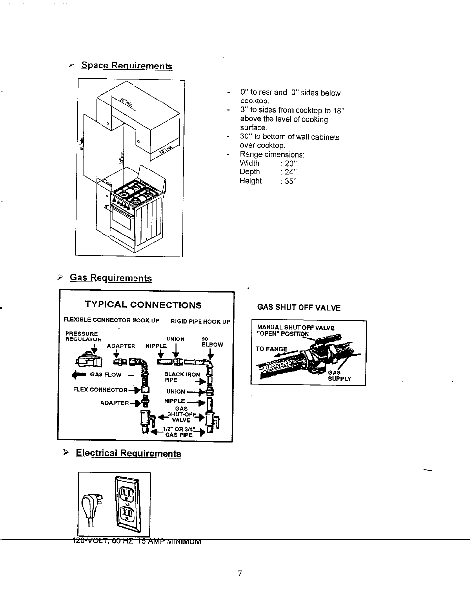 Space requirements, Gas requirements, Typical connections | Electrical requirements | Avanti DGR-210 User Manual | Page 7 / 19