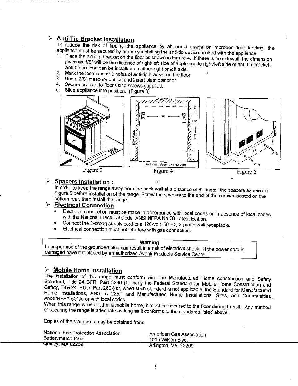 Anti-tip bracket installation, Spacers installation, Electrical connection | Mobile home installation | Avanti DGR-210 User Manual | Page 9 / 19