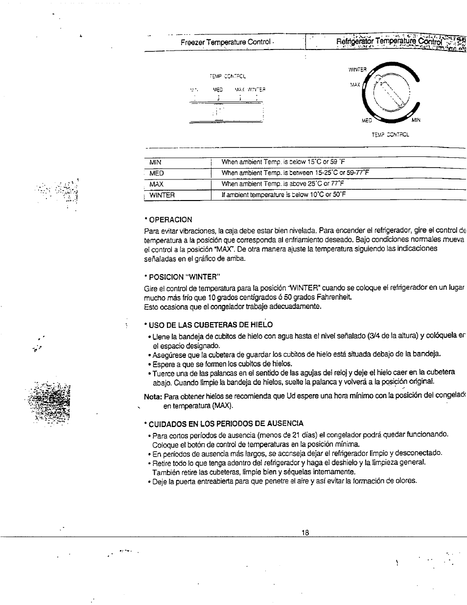 Operacion, Posicion “winter, Uso de las cubeteras de hielo | Cuidados en los periodos de ausencia | Avanti FF8WR User Manual | Page 18 / 19