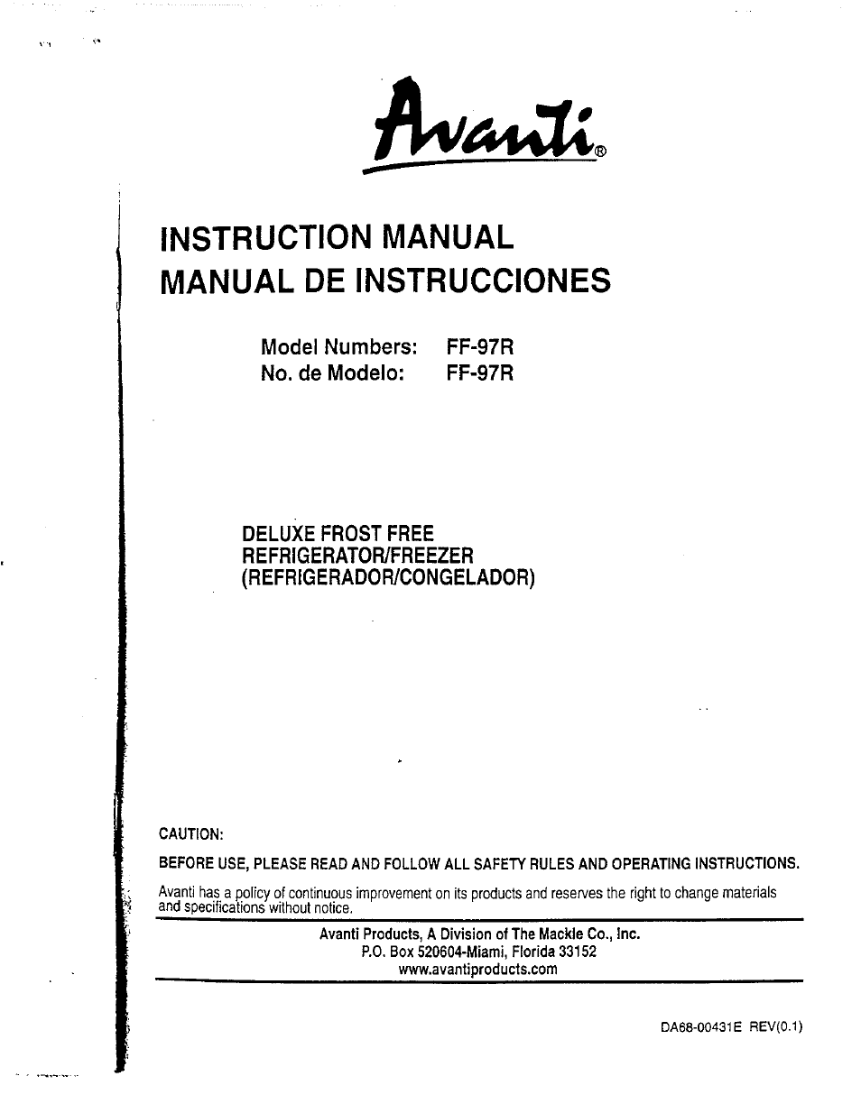 Avanti DELUXE FROST FREE FF-97R User Manual | 26 pages