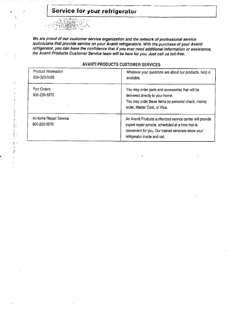 Service for ^our refrigerator | Avanti DELUXE FROST FREE FF-97R User Manual | Page 23 / 26