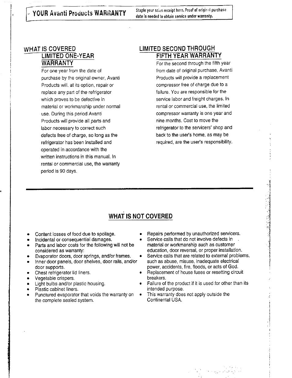 Your avanti products warranty, What is covered 