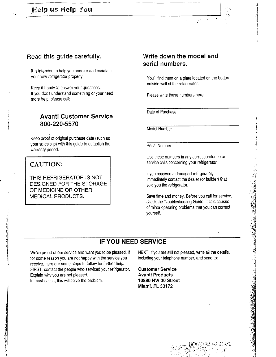 Help us help fou, Bead this guide carefuiiy, Write down the model and serial numbers | Avanti customer service, If you need service, Caution | Avanti DELUXE FROST FREE FF-97R User Manual | Page 3 / 26