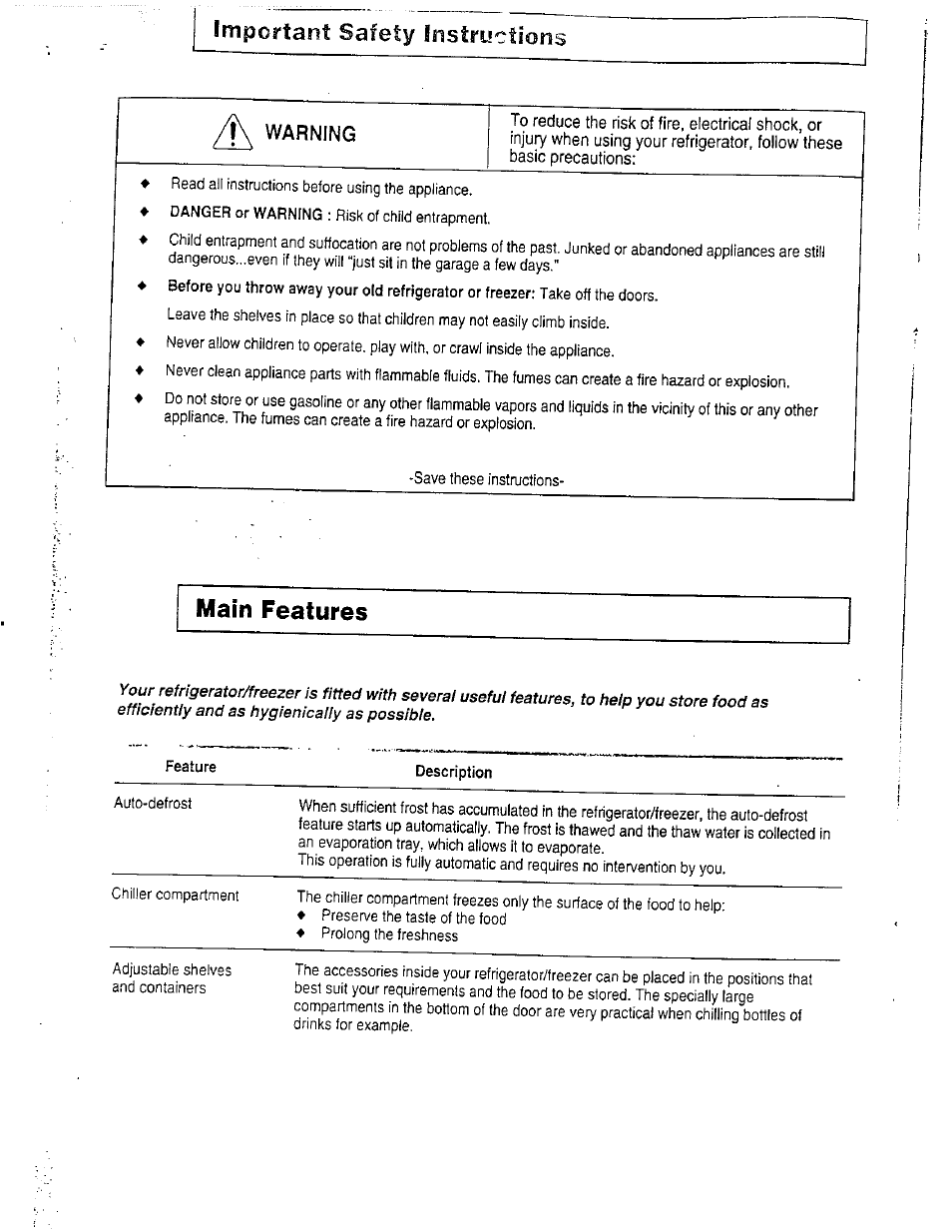 Main features, L\ warning | Avanti DELUXE FROST FREE FF-97R User Manual | Page 7 / 26