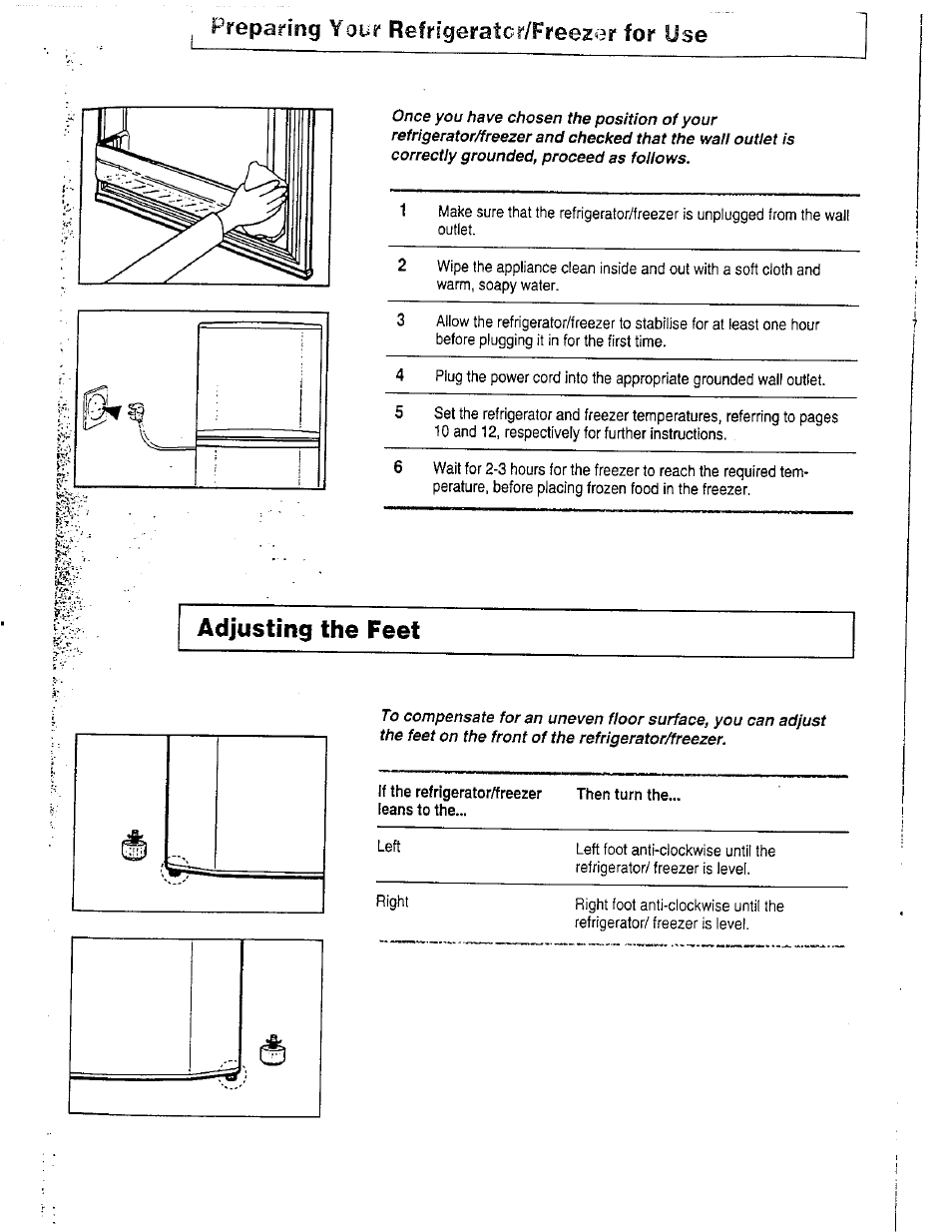 Adjusting the feet, Preparing your refrigeratcr/freezer for use | Avanti DELUXE FROST FREE FF-97R User Manual | Page 9 / 26