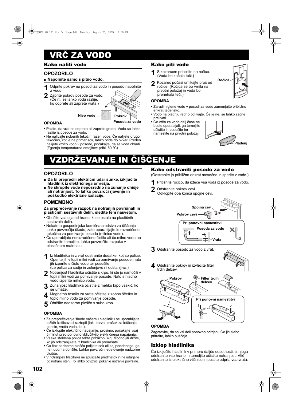 Vrč za vodo, Opozorilo, 2 zaprite pokrov posode za vodo | Vzdrževanje in čiščenje, Pomembno, 5 obrišite nadzorno ploščo s suho krpo, 2 odstranite pokrov cevi, Odklopite oba konca spojne cevi, 3 odstranite posodo za vodo z vrat | Sharp SJ-PD691SB User Manual | Page 102 / 116