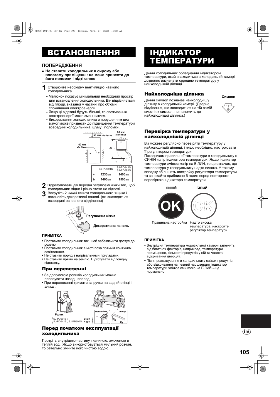 Встановлення, Індикатор температури | Sharp SJ-PD691SB User Manual | Page 105 / 116