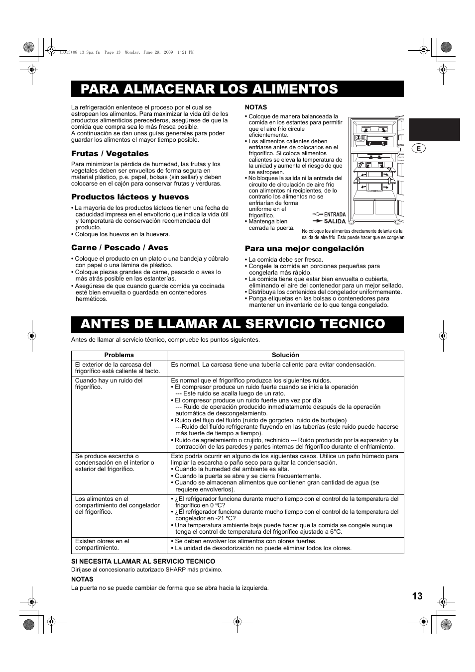 Para almacenar los alimentos, Antes de llamar al servicio tecnico | Sharp SJ-PD691SB User Manual | Page 13 / 116