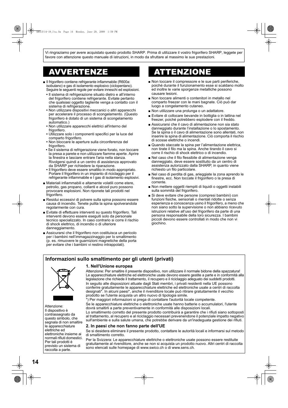 B068)14-19_ita, Avvertenze, Attenzione | Avvertenze attenzione | Sharp SJ-PD691SB User Manual | Page 14 / 116