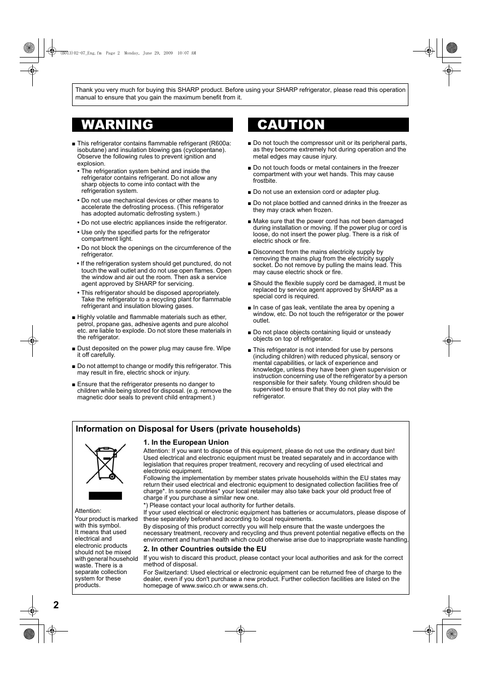 B068)02-07_eng, Warning, Caution | Attention, Warning caution | Sharp SJ-PD691SB User Manual | Page 2 / 116