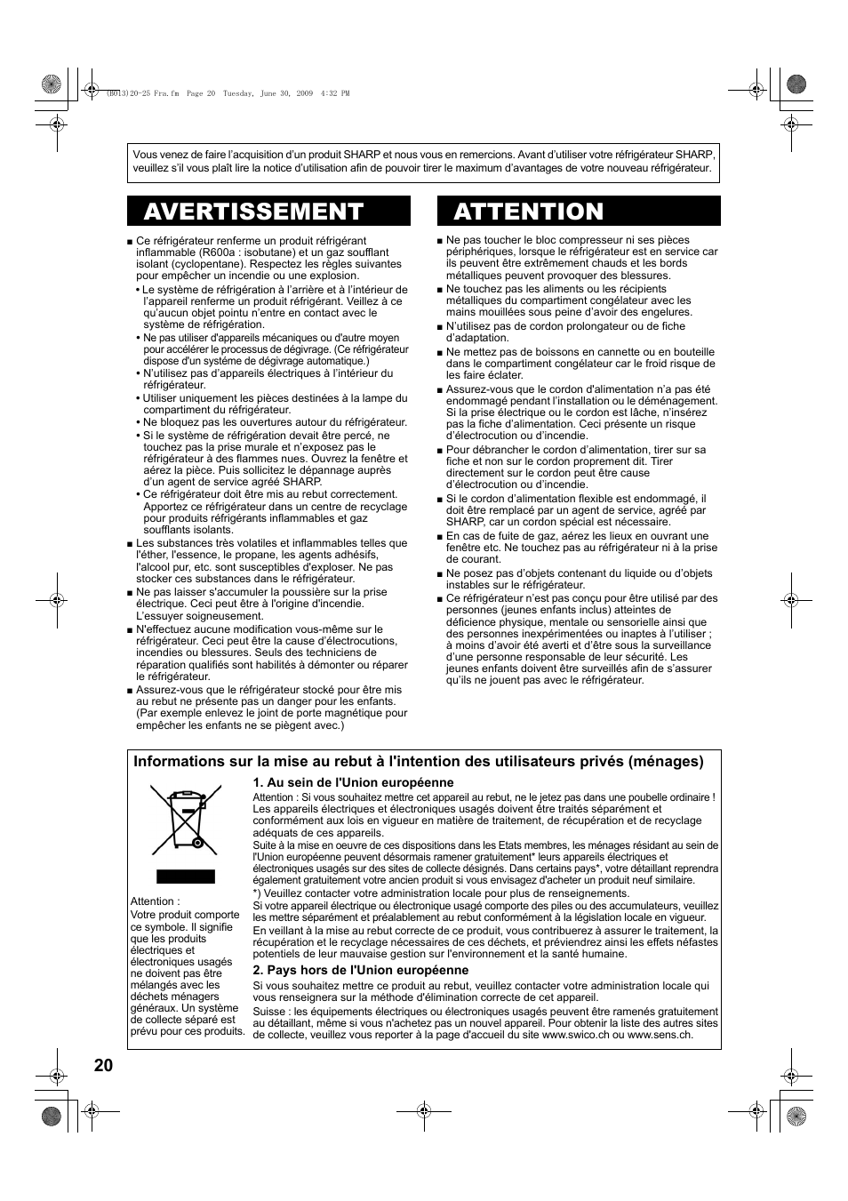B068)20-25 fra, Avertissement, Attention | Avertissement attention | Sharp SJ-PD691SB User Manual | Page 20 / 116