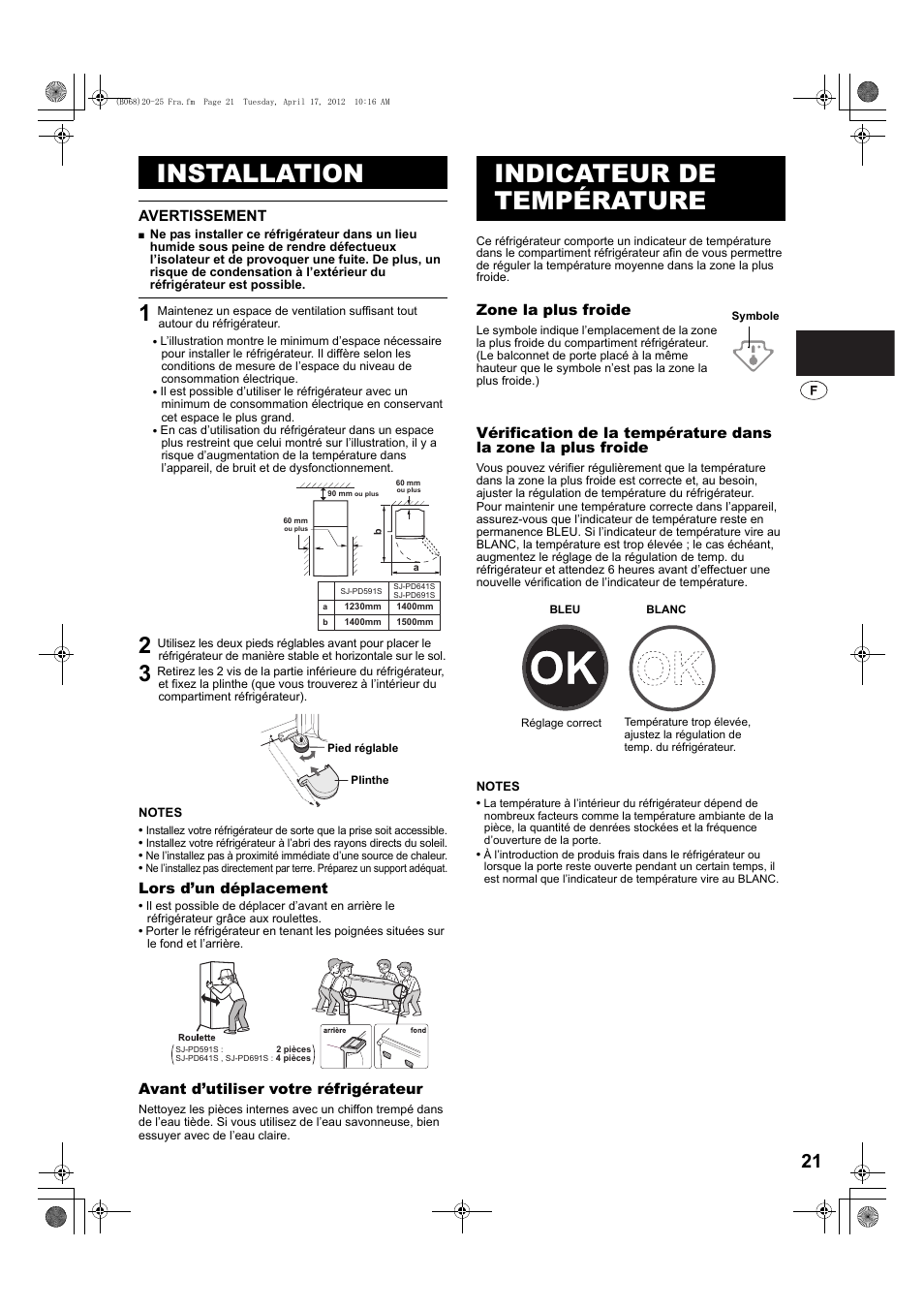 Installation, Indicateur de température | Sharp SJ-PD691SB User Manual | Page 21 / 116