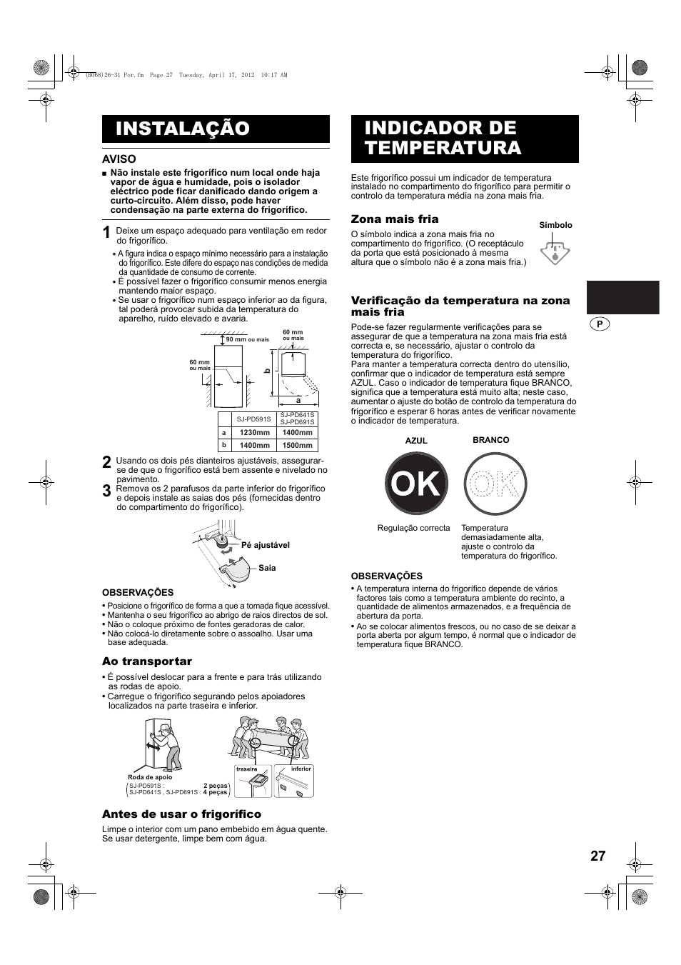 Instalação, Indicador de temperatura | Sharp SJ-PD691SB User Manual | Page 27 / 116