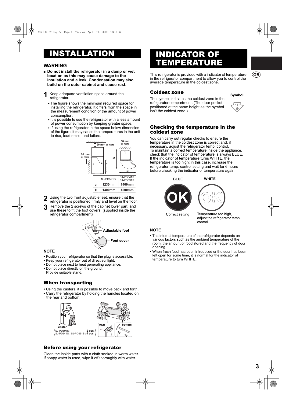 Installation, Indicator of temperature | Sharp SJ-PD691SB User Manual | Page 3 / 116