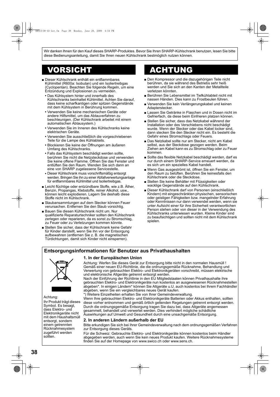 B068)38-43 ger, Vorsicht, Achtung | Vorsicht achtung | Sharp SJ-PD691SB User Manual | Page 38 / 116