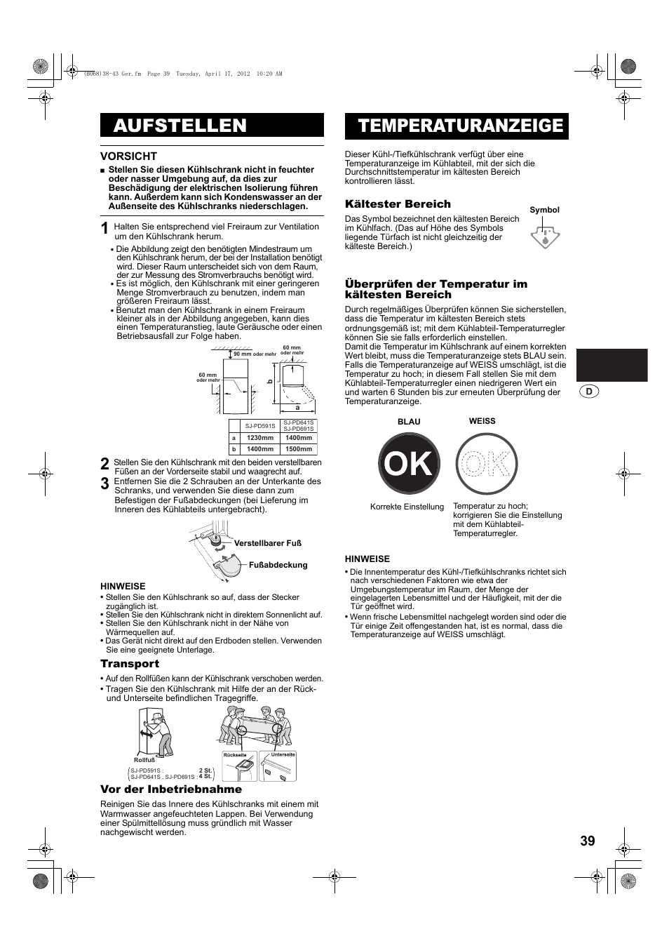 Aufstellen, Temperaturanzeige | Sharp SJ-PD691SB User Manual | Page 39 / 116