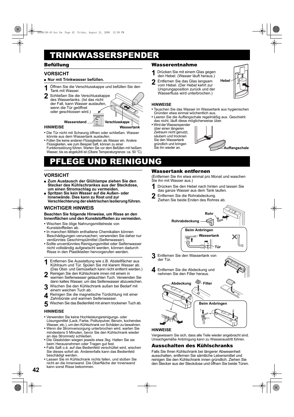 Trinkwasserspender, Pflege und reinigung, 2 entfernen sie die rohrabdeckung | Ziehen sie beide enden des rohres ab, 3 entfernen sie den wassertank von der tür | Sharp SJ-PD691SB User Manual | Page 42 / 116
