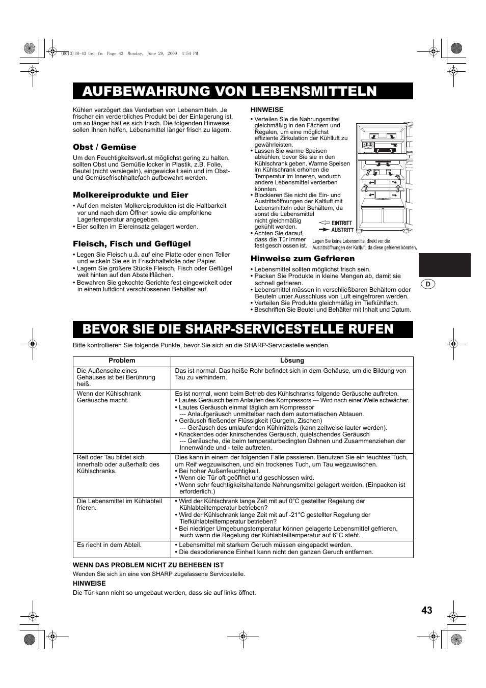 Aufbewahrung von lebensmitteln, Bevor sie die sharp-servicestelle rufen | Sharp SJ-PD691SB User Manual | Page 43 / 116