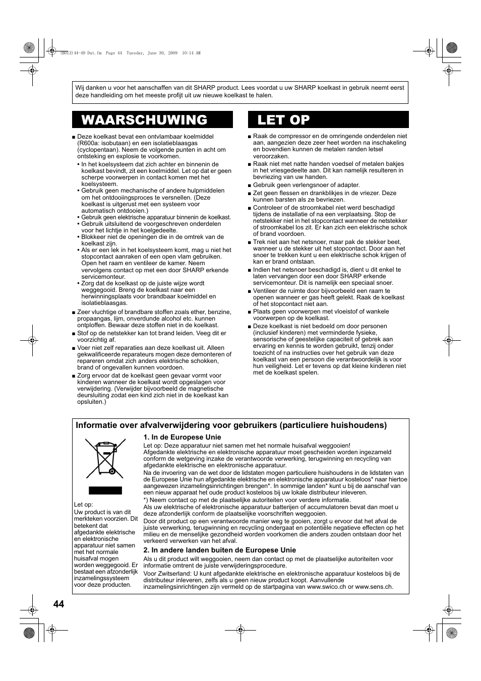 B068)44-49 dut, Waarschuwing, Let op | Waarschuwing let op | Sharp SJ-PD691SB User Manual | Page 44 / 116
