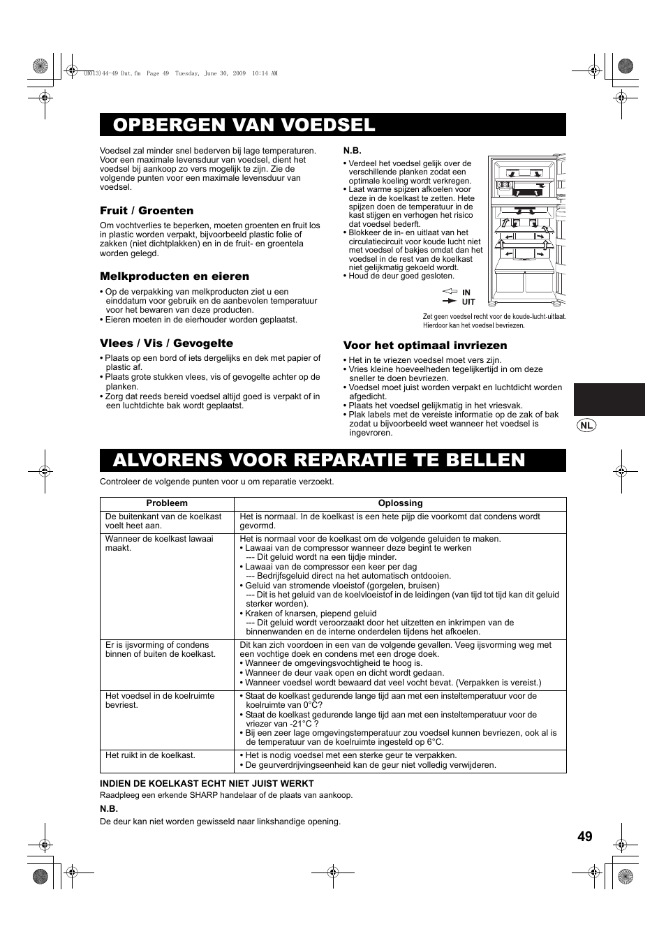 Opbergen van voedsel, Alvorens voor reparatie te bellen | Sharp SJ-PD691SB User Manual | Page 49 / 116