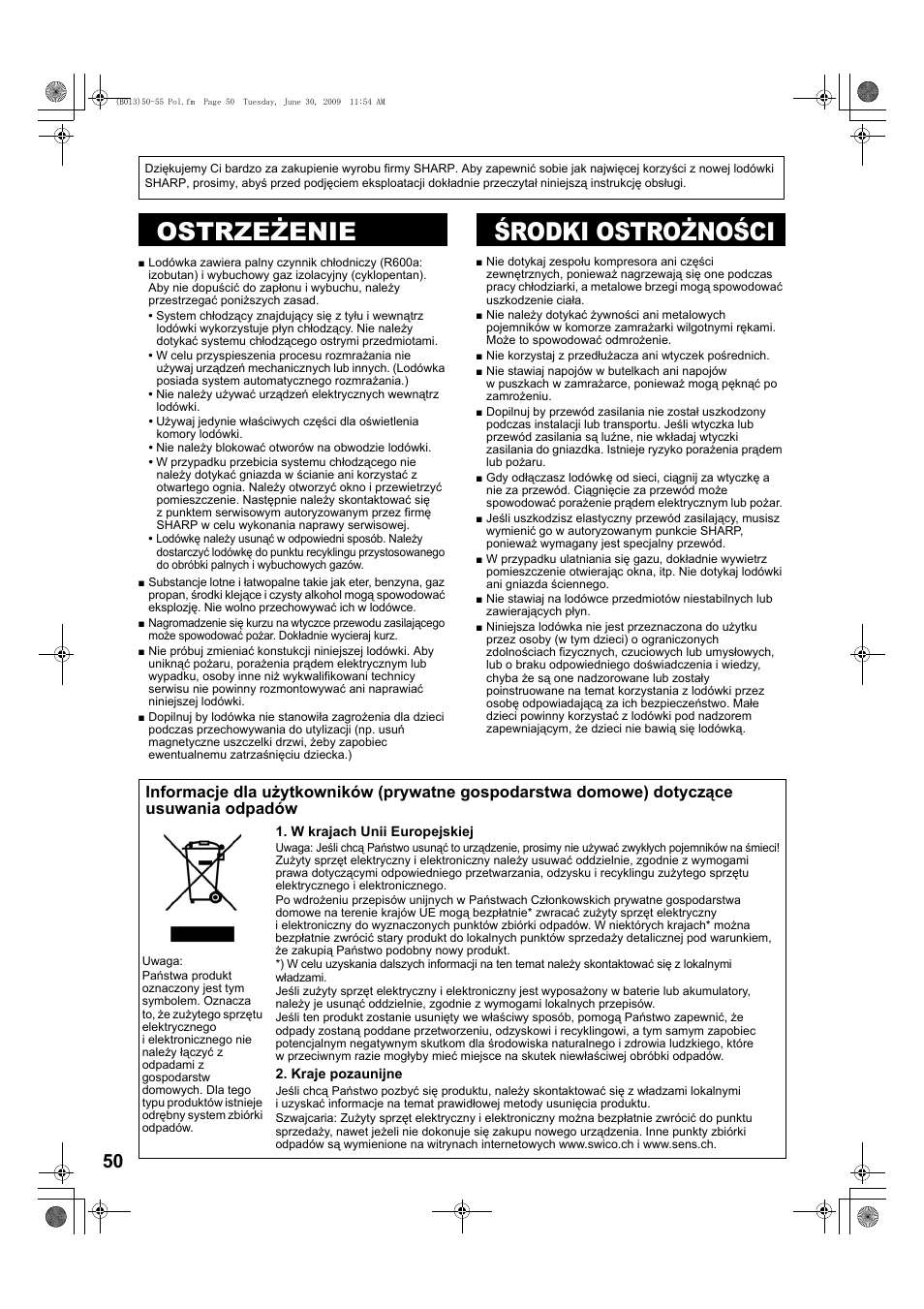 B068)50-55 pol, Ostrzeżenie, Środki ostrożności | Uwaga, Ostrzeżenie środki ostrożności | Sharp SJ-PD691SB User Manual | Page 50 / 116