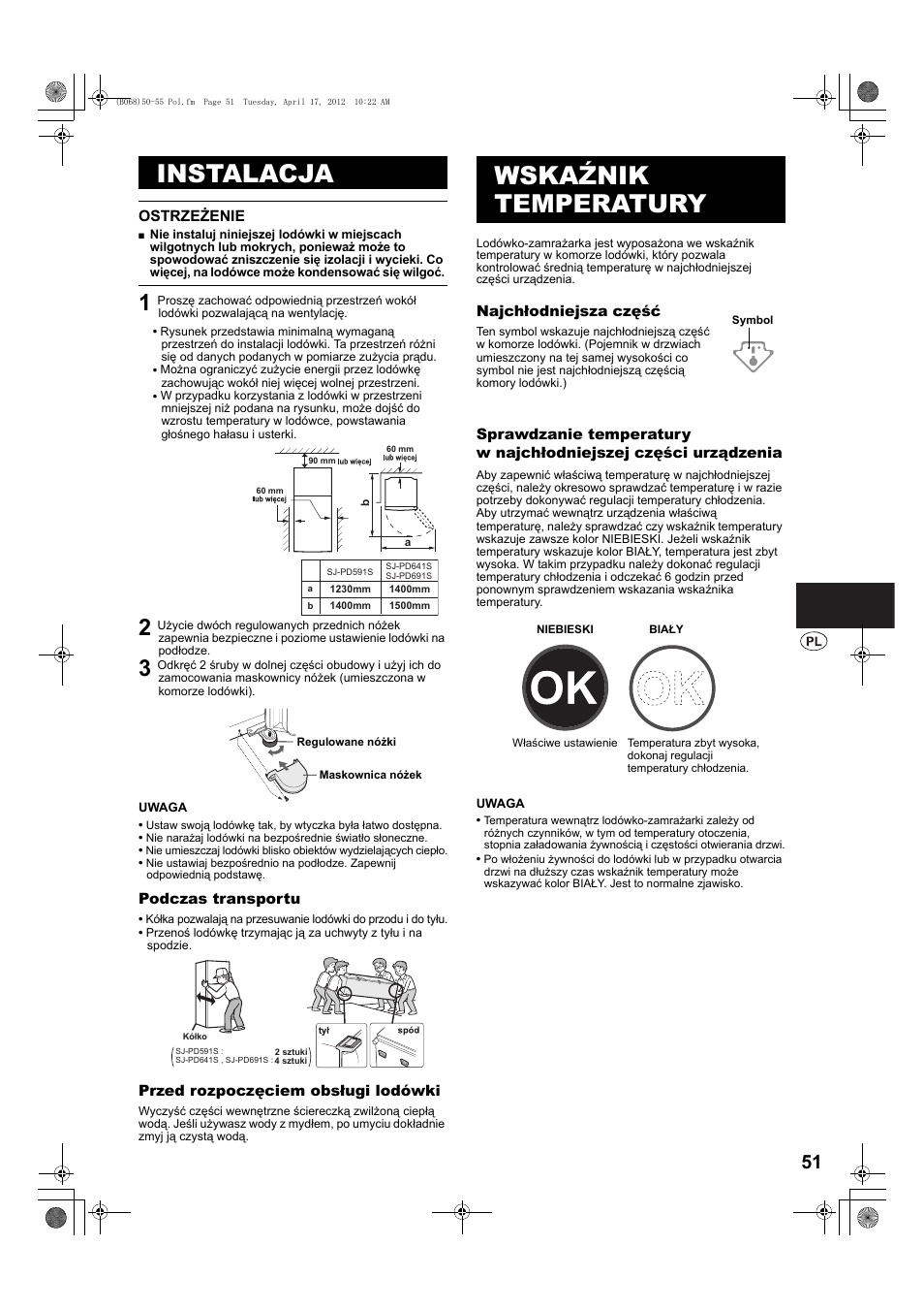 Instalacja, Wskaźnik temperatury | Sharp SJ-PD691SB User Manual | Page 51 / 116