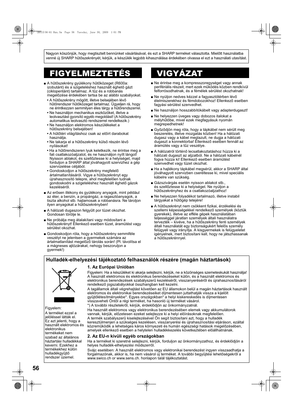 B068)56-61 hun, Figyelmeztetés, Vigyázat | Figyelem, Figyelmeztetés vigyázat | Sharp SJ-PD691SB User Manual | Page 56 / 116