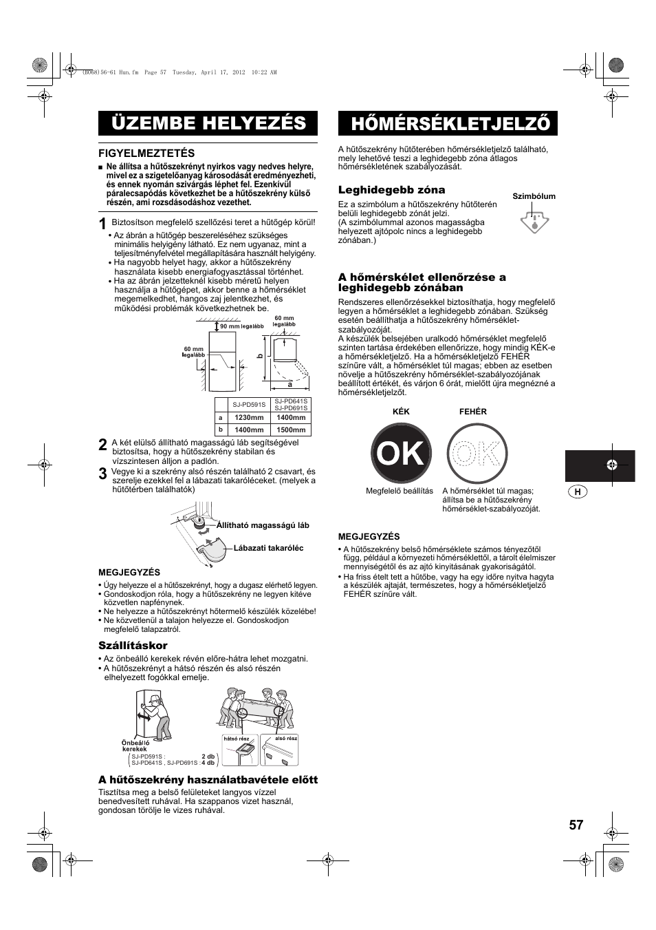 Üzembe helyezés, Lábazati takaróléc, Hőmérsékletjelző | Szimbólum | Sharp SJ-PD691SB User Manual | Page 57 / 116