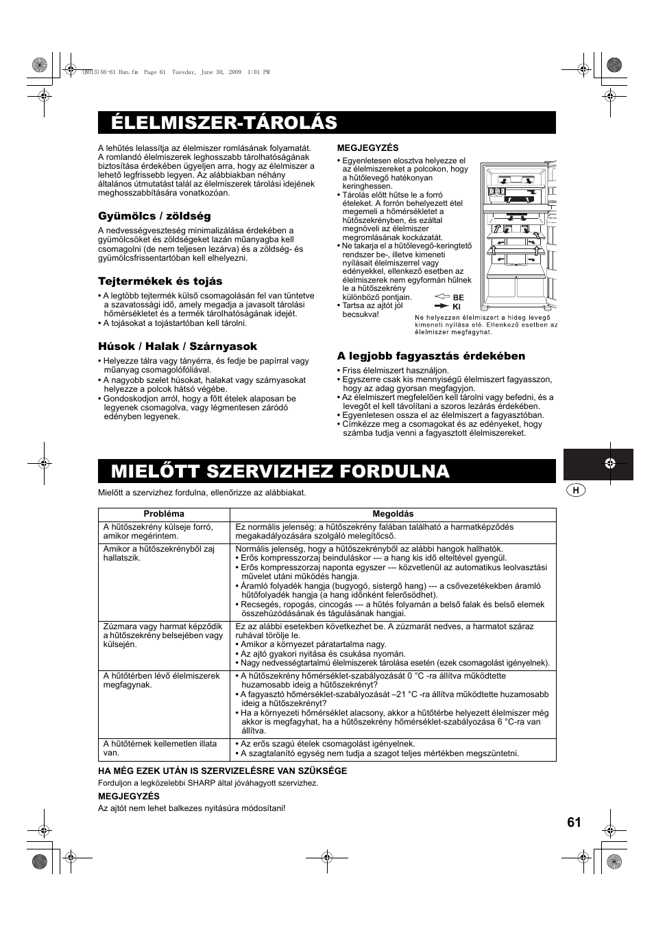 Élelmiszer-tárolás, Mielőtt szervizhez fordulna | Sharp SJ-PD691SB User Manual | Page 61 / 116