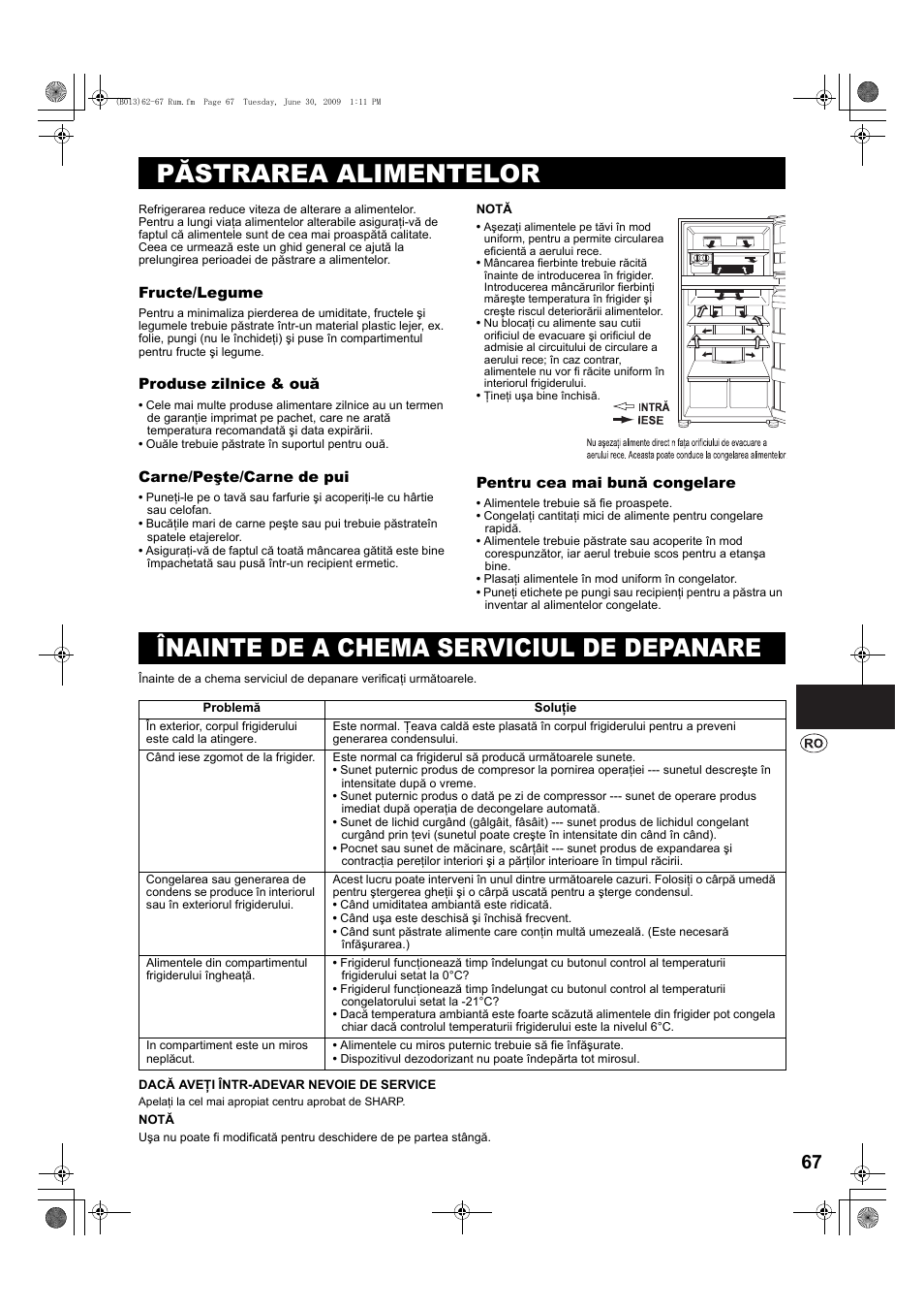 Păstrarea alimentelor, Înainte de a chema serviciul de depanare | Sharp SJ-PD691SB User Manual | Page 67 / 116