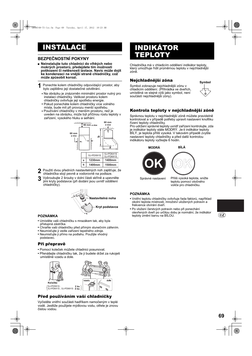 Instalace, Kryt podstavce, Indikátor teploty | Symbol, Modrá | Sharp SJ-PD691SB User Manual | Page 69 / 116