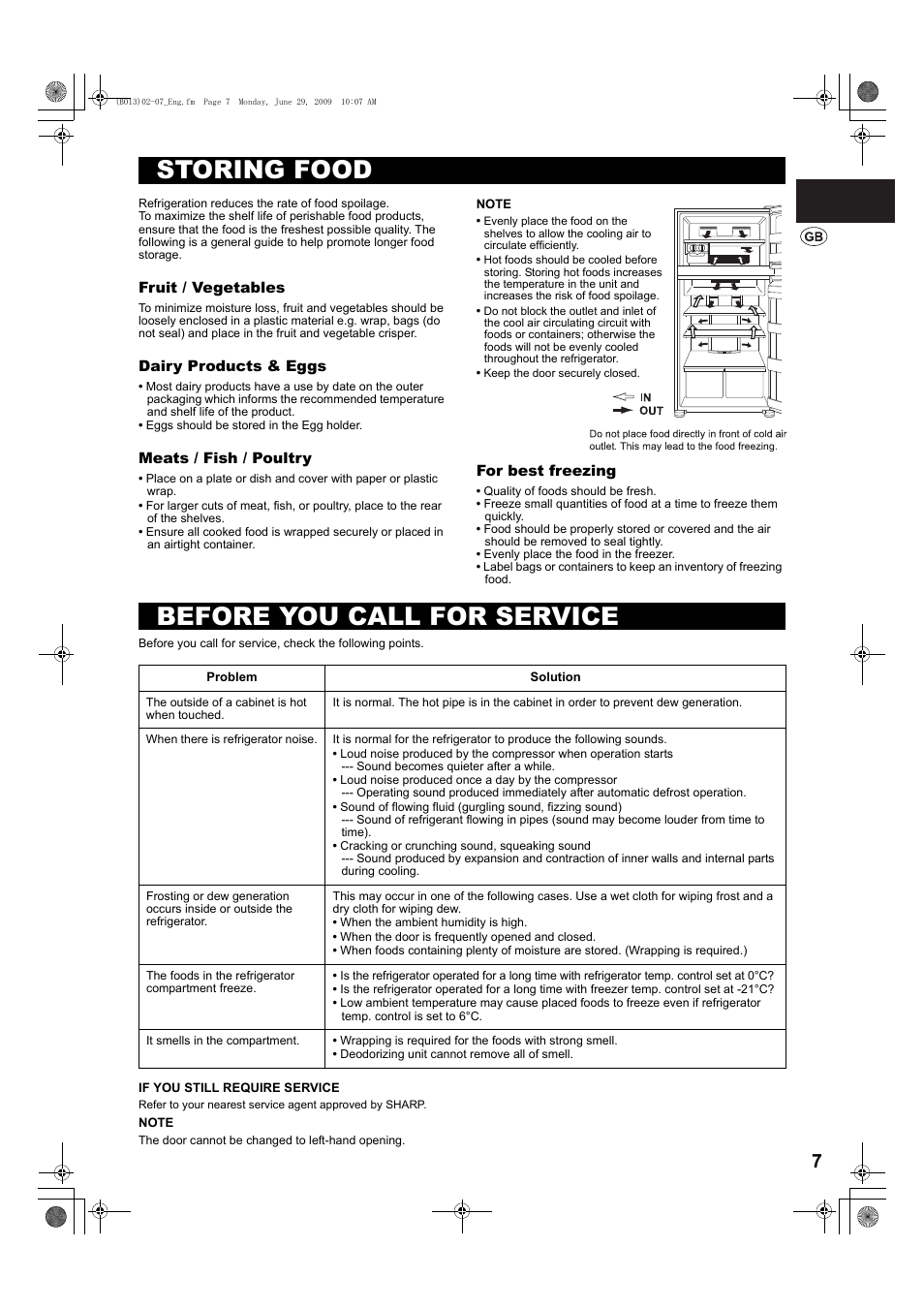 Storing food, Before you call for service | Sharp SJ-PD691SB User Manual | Page 7 / 116