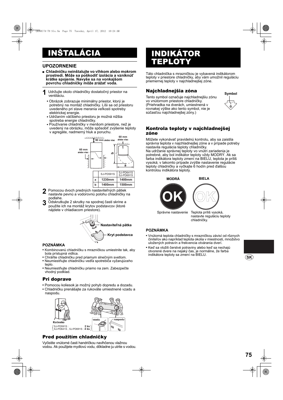 Inštalácia, Upozornenie, Indikátor teploty | Sharp SJ-PD691SB User Manual | Page 75 / 116