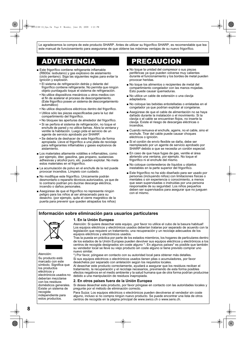 B068)08-13_spa, Advertencia, Precaucion | Atención, Advertencia precaucion | Sharp SJ-PD691SB User Manual | Page 8 / 116