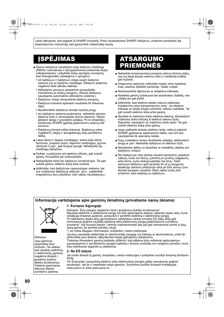 B068)80-85 lit, Įspėjimas, Atsargumo priemonės | Dėmesio, Įspėjimas atsargumo priemonės | Sharp SJ-PD691SB User Manual | Page 80 / 116