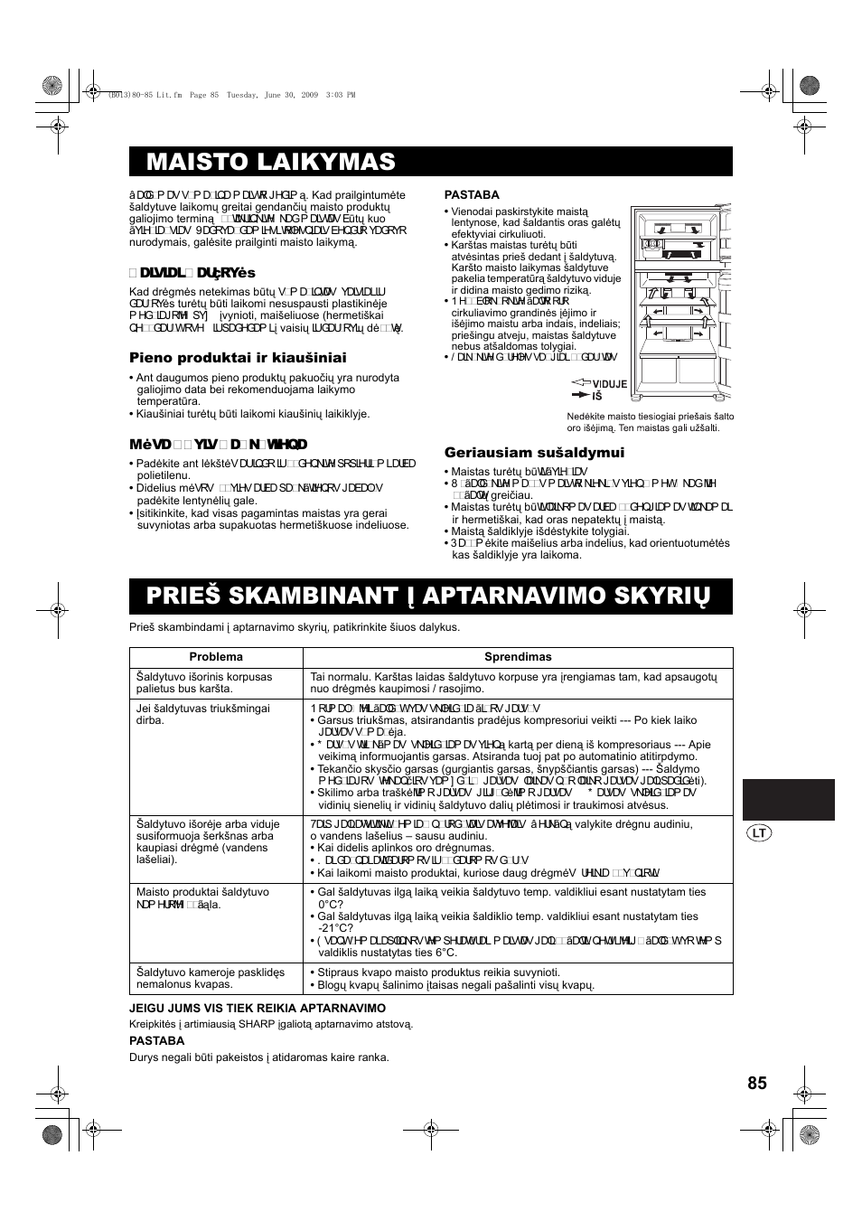 Maisto laikymas, Prieš skambinant į aptarnavimo skyrių | Sharp SJ-PD691SB User Manual | Page 85 / 116