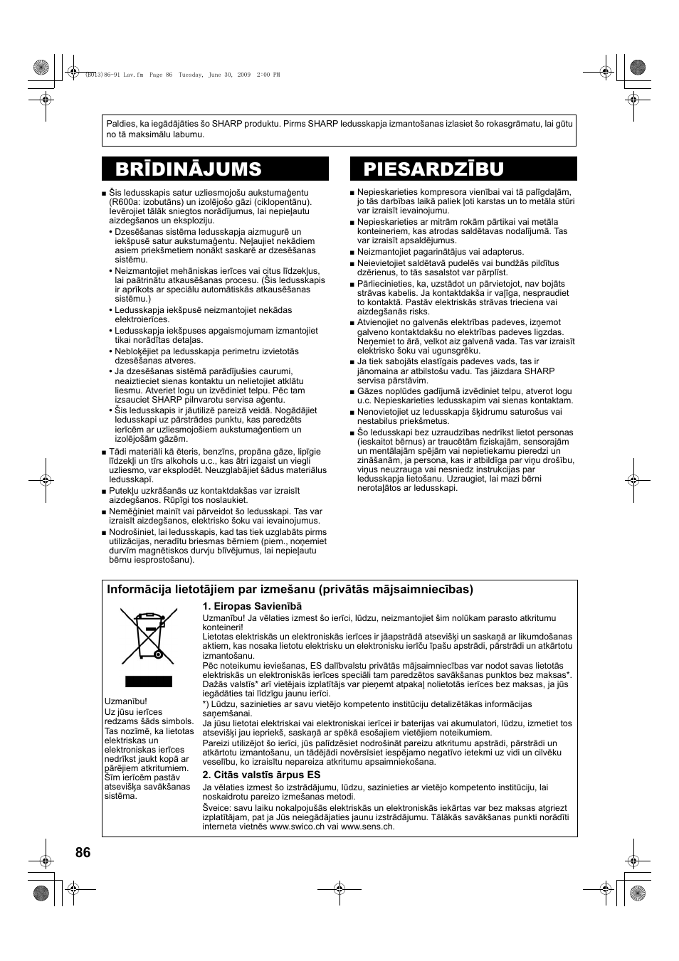 B068)86-91 lav, Brīdinājums, Piesardzību | Uzmanību, Brīdinājums piesardzību | Sharp SJ-PD691SB User Manual | Page 86 / 116
