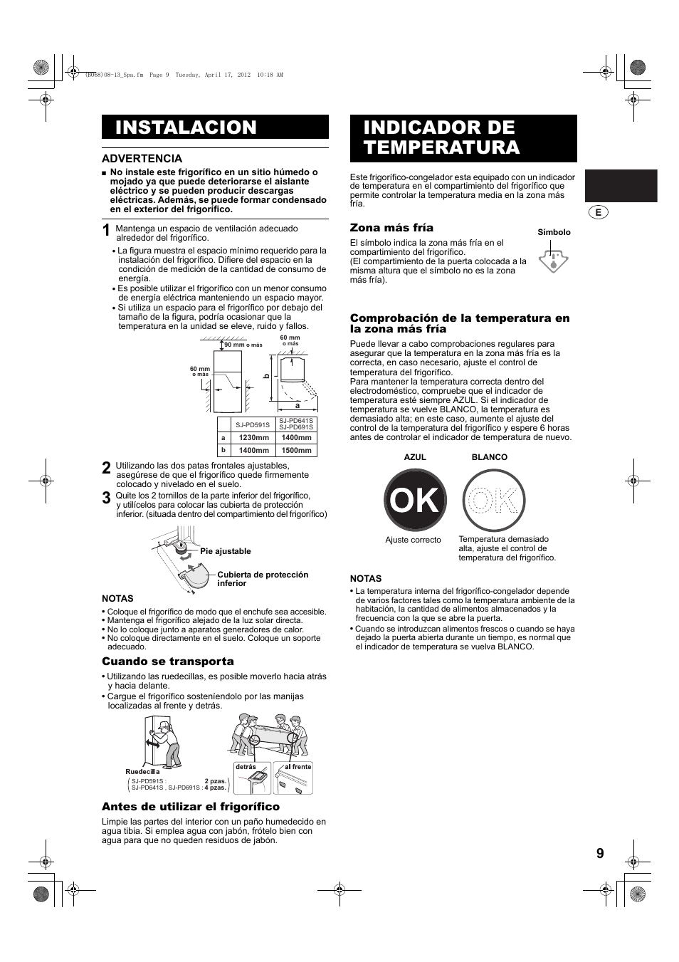 Instalacion, Indicador de temperatura | Sharp SJ-PD691SB User Manual | Page 9 / 116