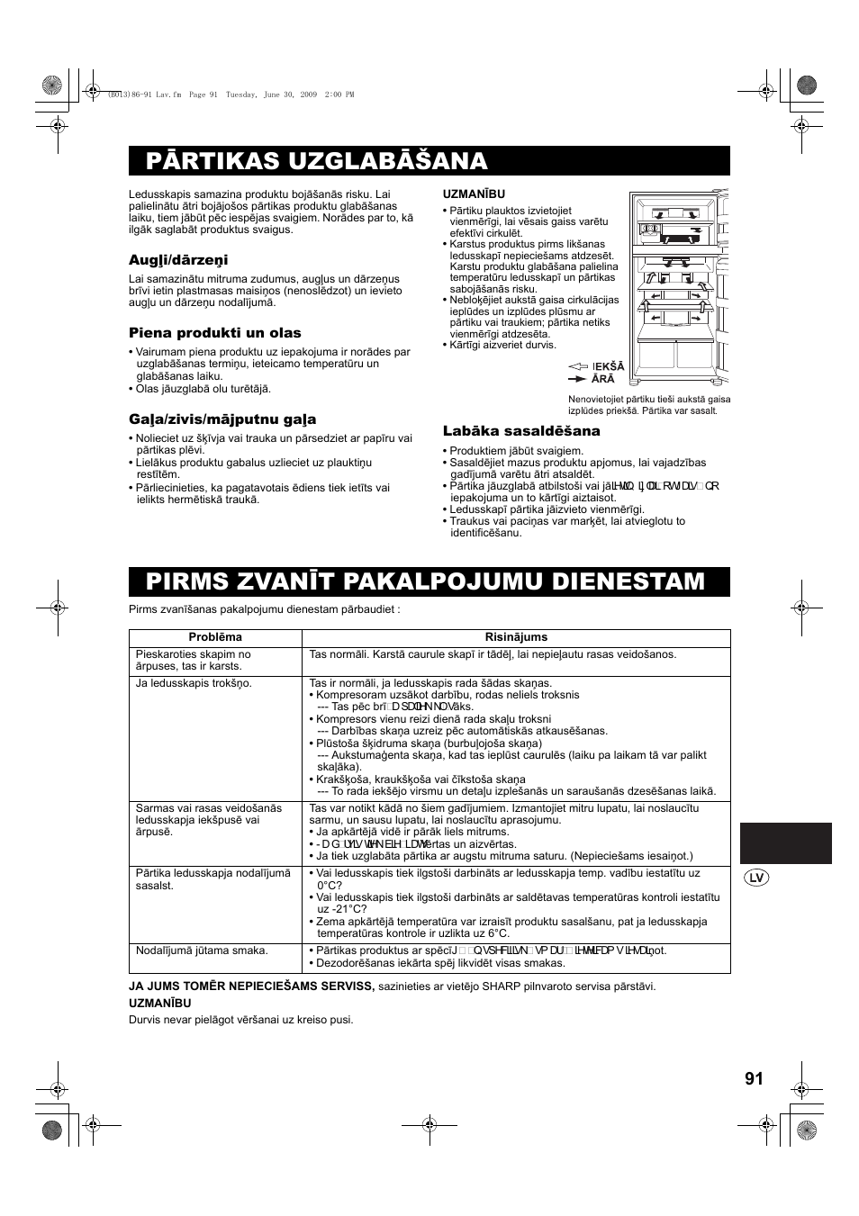 Pārtikas uzglabāšana, Pirms zvanīt pakalpojumu dienestam | Sharp SJ-PD691SB User Manual | Page 91 / 116