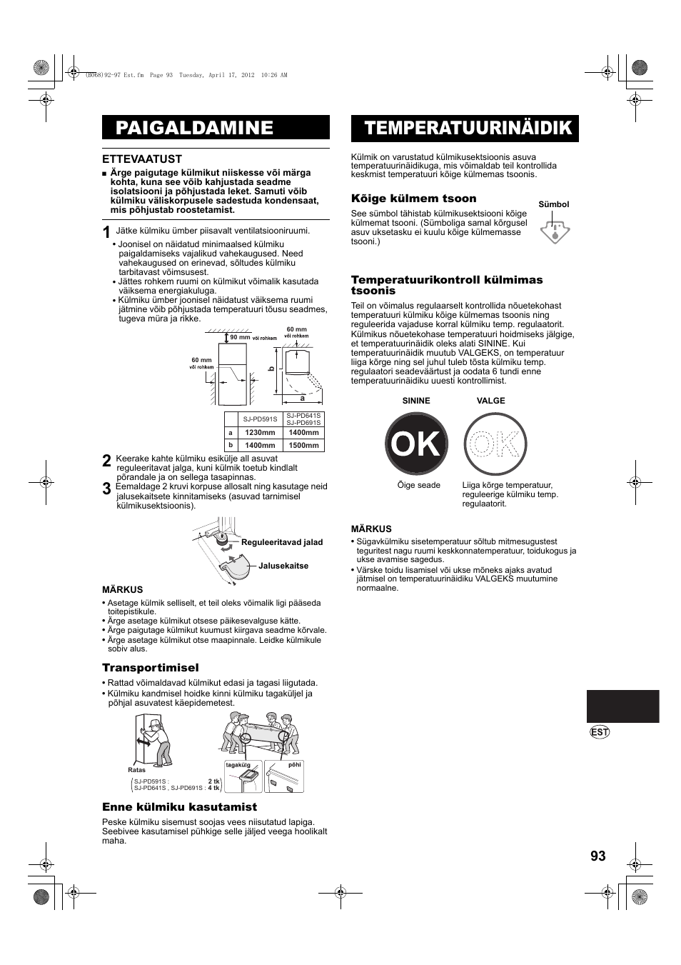 Paigaldamine, Jalusekaitse, Temperatuurinäidik | Sümbol, Sinine | Sharp SJ-PD691SB User Manual | Page 93 / 116
