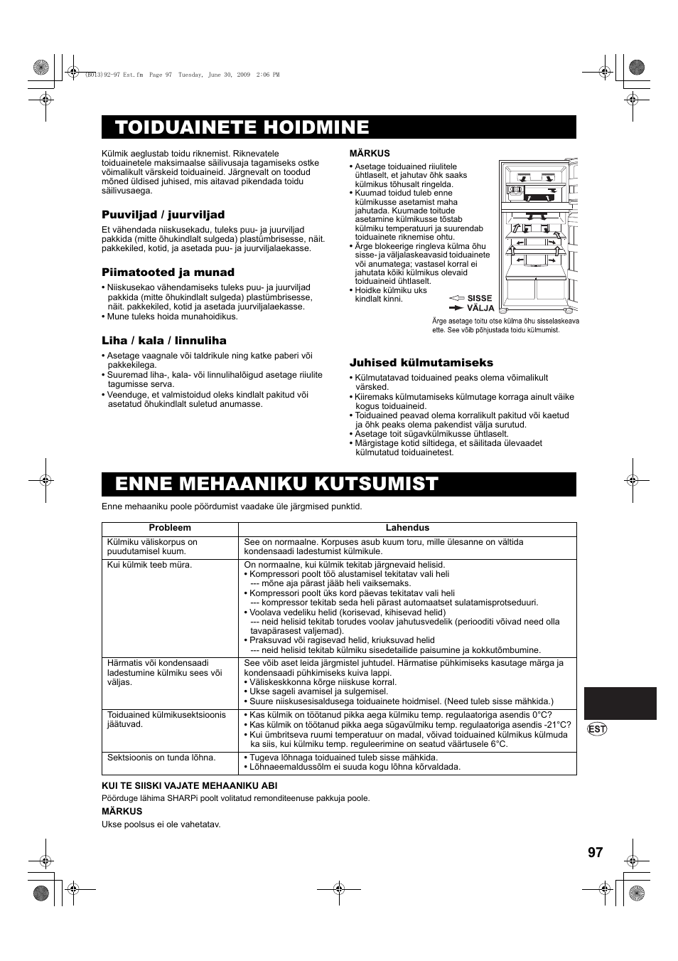 Toiduainete hoidmine, Enne mehaaniku kutsumist | Sharp SJ-PD691SB User Manual | Page 97 / 116