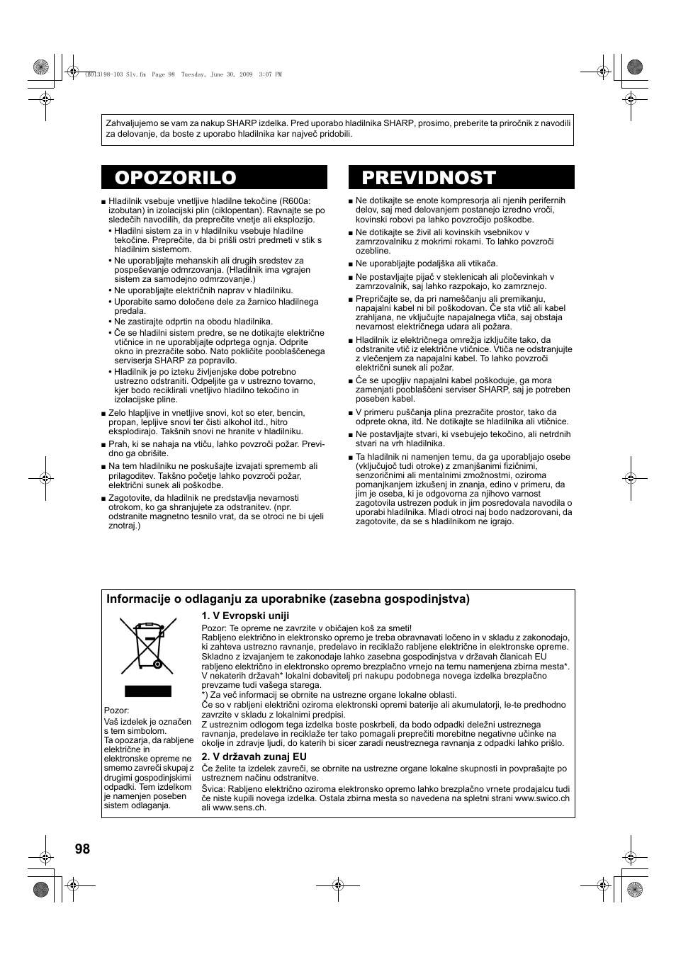 B068)98-103 slv, Opozorilo, Previdnost | Pozor, Opozorilo previdnost | Sharp SJ-PD691SB User Manual | Page 98 / 116